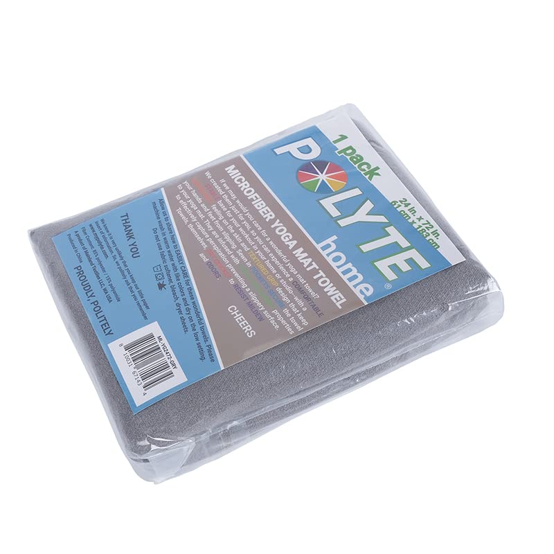 POLYTE Microfiber Hot Yoga Towel Mat with Non-Slip Silicone Grip and Secure Fit Elastic Straps, 24 x 72 in (Gray)