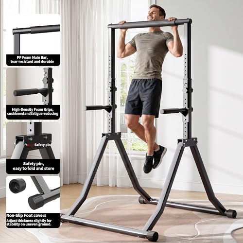 Foldable Power Tower Dip Station for Pull Ups, 66.1"-84.6" 12 Level 700 LBS, Adjustable Dip Handles & Assistance Bands Foldable Home Gym Equipment - color: 66"-85" with Dual Dip Handles