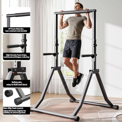 Foldable Power Tower Dip Station for Pull Ups, 66.1"-84.6" 12 Level 700 LBS, Adjustable Dip Handles & Assistance Bands Foldable Home Gym Equipment - color: 66"-85" with Dual Dip Handles