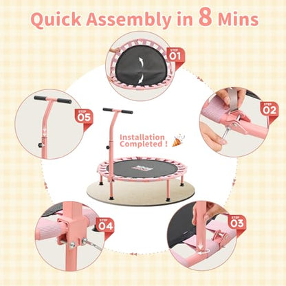 36'' Mini Trampoline for Kids 3-6, Foldable & Spring-Free, Small Toddler Trampoline Indoor Outdoor with Adjustable Handle Bar