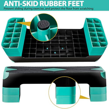 26.5" Aerobic Step Platform, Adjustable Height Exercise Workout Stepper, Stackable Risers Stepper for Exercise at Home Gym Workouts Fitness Equipment, Green