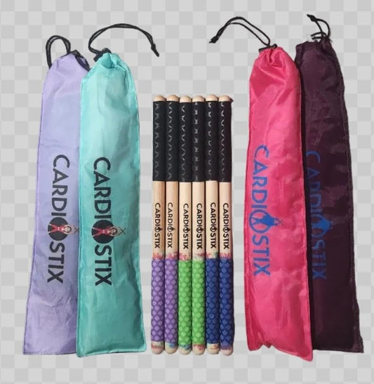 CardioStix approx 8.5oz per set (1 PAIR WITH BAG) Bundle Weighted Double Grip w/bag Premium American Hickory Wood Cardio Drum Sticks | Drumming, Fitness, Aerobic Class, Exercises (Tie Dye with Bag) - color: Tie Dye Surprise grip color w/ Bag
