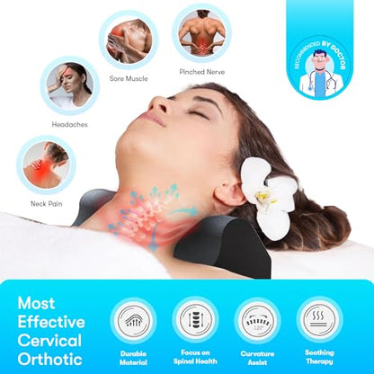 Cervical Traction Orthotic Chiropractic Neck Alignment Device for Spinal Curve Tension Stretching Forward Head Posture Pain Relief and Physical Therapy (Black)