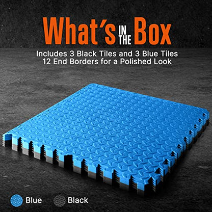 Thick Puzzle Exercise Mat Foam Interlocking Tiles Protect Floors from Gym Equipment Exercise, Durable Non-Skid Texture, Kid Baby Family Safe Easy to Assemble - color: Black & Blue, size: 24.2"L x 0.5"W x 24.2"Th