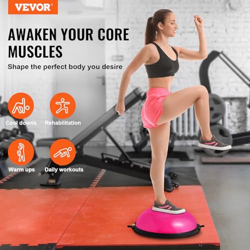 VEVOR Half Exercise Ball Trainer, 23/26 inch Balance Ball Trainer, 1500lbs Capacity Stability Ball, Yoga Ball with Resistance Bands & Foot Pump, Strength Fitness Ball for Home Gym Full Body Workout - color: 26" Ripple Pink