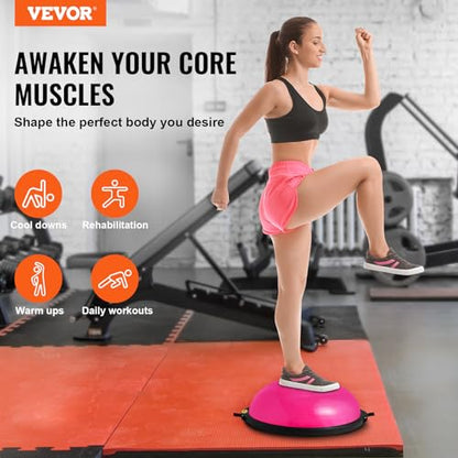 VEVOR Half Exercise Ball Trainer, 23/26 inch Balance Ball Trainer, 1500lbs Capacity Stability Ball, Yoga Ball with Resistance Bands & Foot Pump, Strength Fitness Ball for Home Gym Full Body Workout - color: 26" Ripple Pink