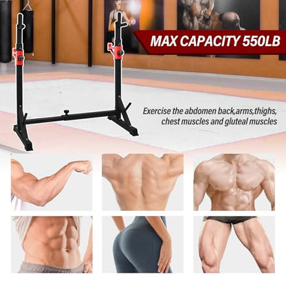 Adjustable Squat Rack Stand with Barbell Rack, Weight Plate Holder, J Hooks,Dip Bar Station for Bench Press Strength Training Max Load 550LBS Suitable