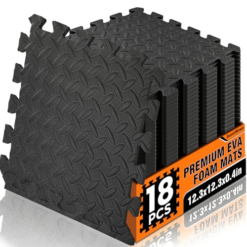 18 Tiles EVA Interlocking Foam Gym Floor Mats Set, 12"x12"x0.4" Protective Puzzle Flooring for Home Gym Workout Exercise Garage Playroom (18Pcs)