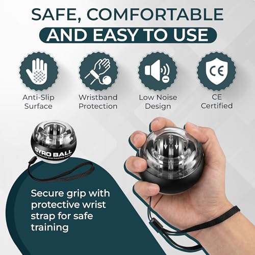 Torque Ball Wrist Trainer, Gyro Ball Hand Exerciser 20,000–30,000 RPM, Adjustable 15–77 lbs Resistance, Forearm Strengthener for Grip, Wrist & Arm Training, Wrist Strengthener Portable Fitness Ball with Strap