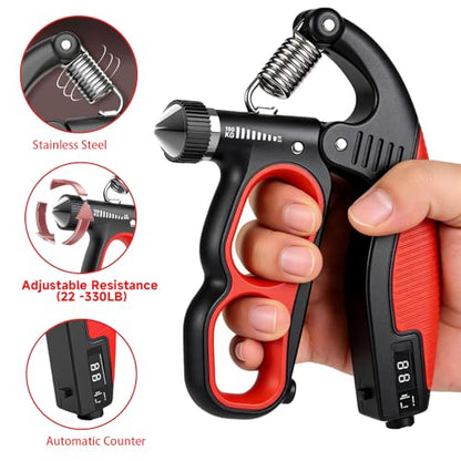 Hand Gripper Strengthener, 22-330LB Adjustable Resistance Grip Strength Trainer with Counter, Forearm Exerciser for Injury Recovery and Muscle Building - color: Red
