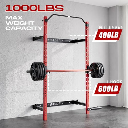 Garvee Folding Squat Rack for Home Gym, 2.36 in x 2.36 in Wall Mounted Foldable Squat Rack with Pull Up Bar, J Hooks and Landmine Attachments, 1000 LBS Capacity Space Saving Weight Power Cage