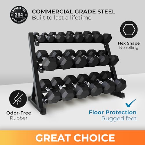 Rubber Hex Dumbbell Set with Rack, 8/10/12/15/20 Pair (450/550/780/1200/1550/2100 lbs total) Weight Rack with Dumbbells for Home Gym & Strength Training