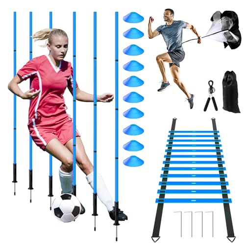 24Pcs Soccer Agility Training Equipment Set Ultimate Agility Poles Cones Ladder More for Quick Assembly and Easy Portability Suitable for All Skill Levels Enhance Speed Agility Training - color: Blue