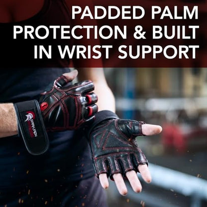 Genuine Leather Gym Gloves for Men Women, Wrist Wrap Support Workout Gloves for Weight Lifting Crossfit Deadlift Barbell Exercise Palm Padding Callus Protection Grips - size: Medium