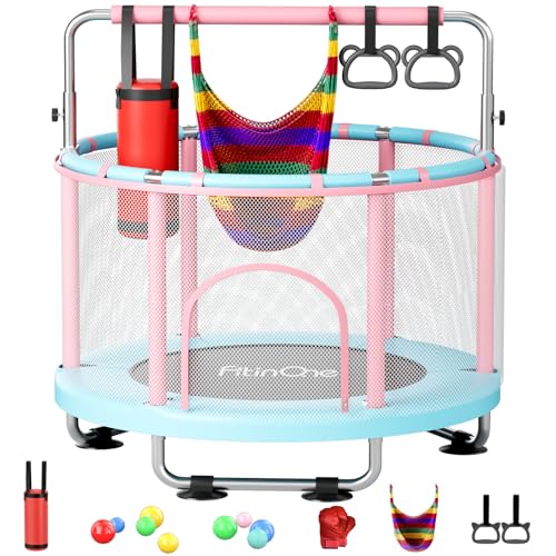 55" Toddler Mini Trampoline for Kids, Indoor Outdoor Toys with Swing, 440lbs Baby Kids Trampoline, Gymnastics Bar, Birthday Gifts for Boy Girl Age 1-8 - color: Pink-Blue