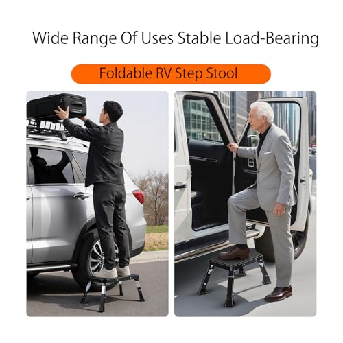Foldable RV Step Stool, Adjustable Height 6.7-9.1in,Heavy Duty Metal Step Ladder with Wide Non-Slip Platform, Portable for Camping Home Office Use,Single Step Stool Supports 500lbs（Black）