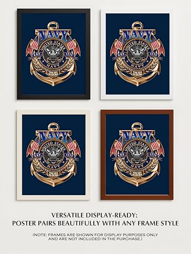 AMERICAN LUXURY GIFTS US Navy Gold Anchor Crest - Military Patriotic Wall Art for Office, Man Cave & Boy's Room Decor - 11x14 Unframed Print