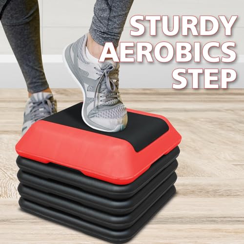 16" x 16" High Aerobic Step Aerobics Stepper Platform with 4 Risers, Exercise Workout Stepper, Home Gym Equipment, Fitness Step Platform, Adjustable Aerobic Stepper - color: Black+Red