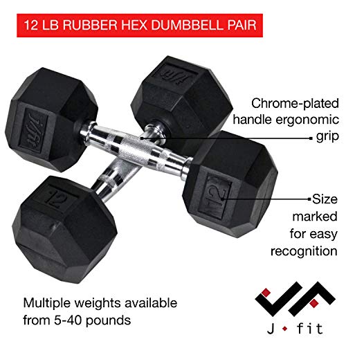 JFIT Rubber Hex Dumbbell - 15 Size, Single and Pair Options, 4-50lbs - Shaped Heads Prevent Rolling and Injury - Ergonomic Hand Weights for Exercise, Therapy, Muscle, Strength and Weight Training