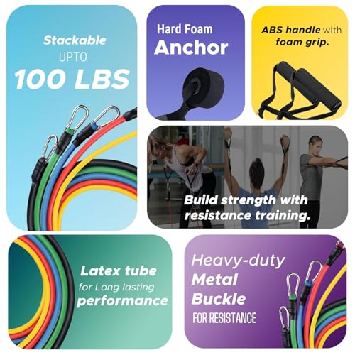Stretch 11Pcs Resistance Bands Set for Exercise, Stretching and Workout Toning Tube Kit with Foam Handles, Door Anchor, Ankle Strap and Carry Bag for Men, Women