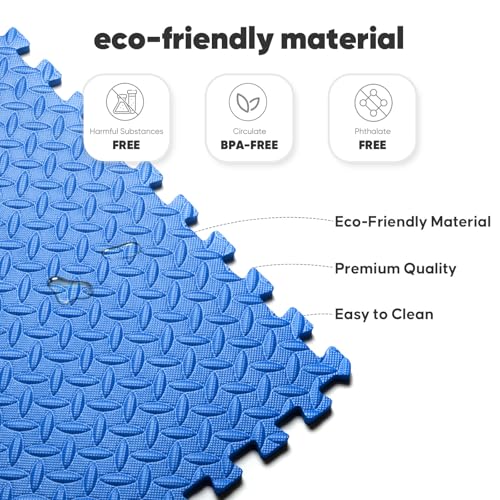 Home Gym Mat, Puzzle Exercise Mat, EVA Interlocking Foam Floor Tiles for Home Workout Equipment and Kids' Play Areas - Blue, 24 in x 24 in x ½ in - 12 Tiles (Blue, 12 Pack 48 sq ft)
