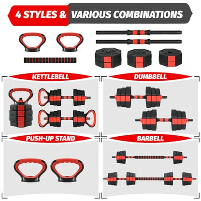 4-in-1 Dumbbell Set, 66/88Lbs Adjustable Free Weight Set with Connector, Use As Kettlebells, Barbell, Push Up Stand, Multi-Purpose Fitness Equipment for Home Gym, Suitable for Men and Women