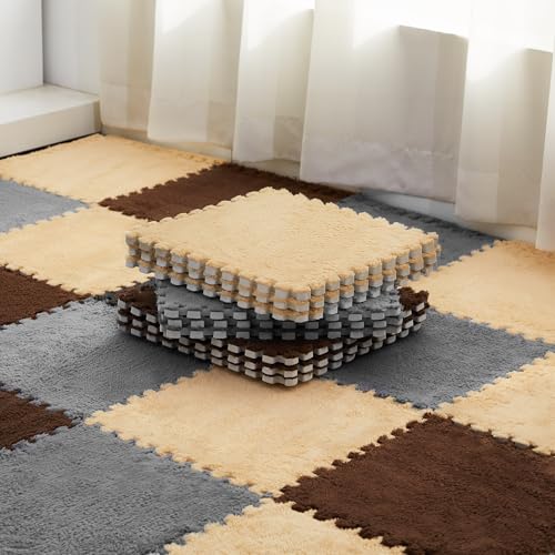 36 Pack Plush Foam Floor Mat Square Interlocking Carpet Tiles with Border Fluffy Play Mat Floor Tiles Soft Climbing Rugs for Bedroom Playroom, 12 x 12 x 0.4 in(Gray, Apricot, Dark Brown) - color: Gray, Apricot, Dark Brown