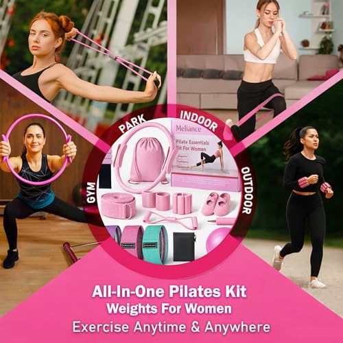 Pilates Workout Kit for Home, Pilates Essential Equipment with Adjustable Ankle Wrist Weights, Resistance Bands, Pilates Ring and Ball Set, Yoga Straps, Grip Socks Fitness Accessories kits for Women