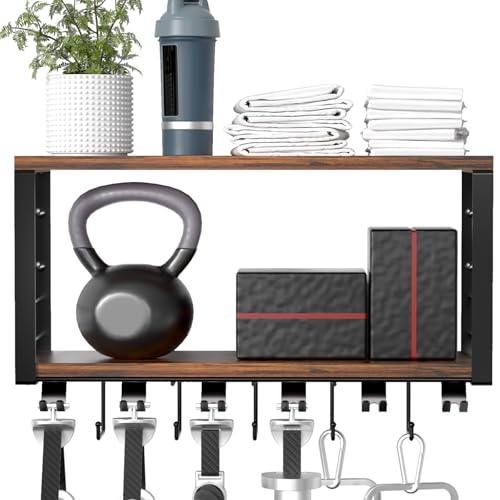 TJ.MOREE 2 Tier Floating Shelf Compatible with Tonal Accessories, T-Bracket Lock Adapters Hanger, Wall Mount Home Gym Storage Rack for Fitness Equipment - color: Brown-tonal Accessories