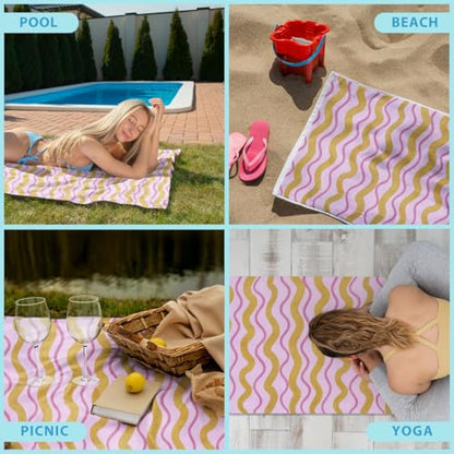 Microfiber Beach Towel Sand Free Quick Dry Oversized Modern Wavy Striped Retro Pink Gold Magenta Pattern for Adults Pool Travel Gym Camping 71 x 32 Inches 1 Pcs - color: Wavy