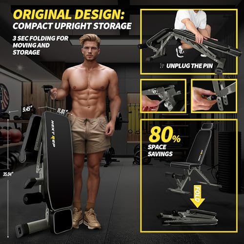 Adjustable Weight Bench,1000 LB Fast Folding Workout Bench for Home Gym Strength Training, Incline Decline Flat Utility Bench Press for Full Body Workout, Upright Storage Yellow Exercise Bench