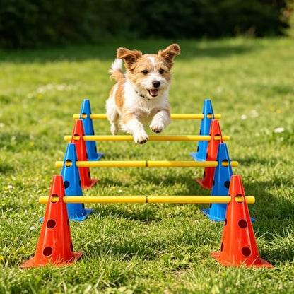 TNZMART Dog Agility Jumps Hurdles and Weave Poles Training Equipment Set Adjustable Dog Cones Obstacle Course for Backyard Portable Canine Exercise Kit with Carry Bag (Mix 4, 13 in)
