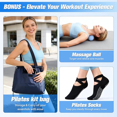 Pilates Equipment, Pilates Kit for Women Home Workouts, at Home Pilates Set with Pilates Ring, Pilates Ball, Long and Loop Resistance Bands, Pilates Socks, Massage Ball, Guide & Bag