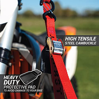 Heavy Duty Motorcycle Tie Down Straps - 1" x 8' Cam Buckle Straps with Soft Loops & Safety Hooks - Secures Motorbikes, Dirtbikes, ATV, UTV - 2 Pack Red - color: Red