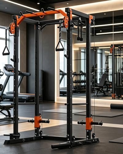 Power Cage, Power Rack with Cable Crossover System, 2000LBS Squat Rack with LAT Pull Down System, Workout Cage with Pulley System for Fitness Home Gym Strength Training (Red&Black)