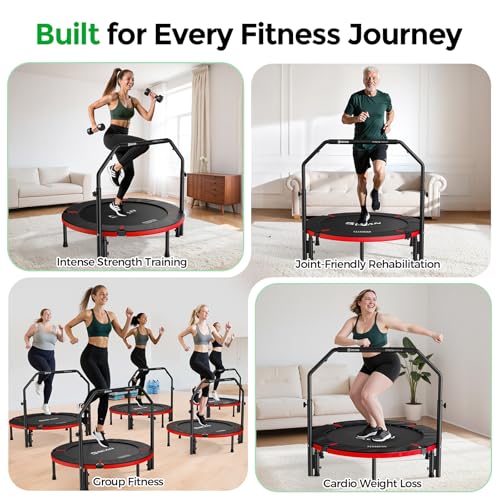 BCAN SP2 40" Foldable Mini Trampoline Max Load 330lbs, Fitness Rebounder with Adjustable Foam Handle, Exercise Trampoline for Adults Indoor/Garden Workout | FED Fitness, Black Red