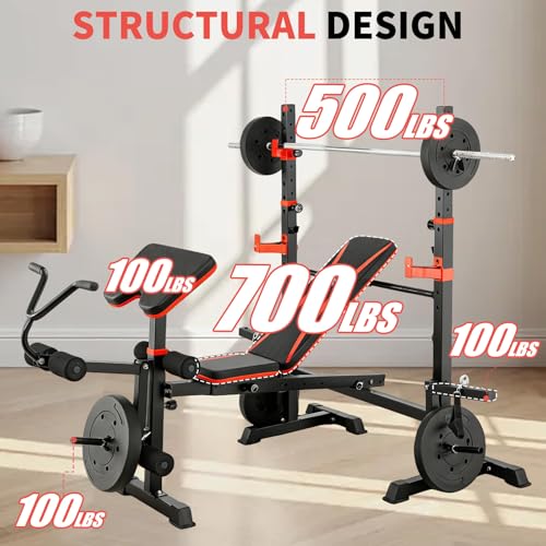 1500LB 8 IN 1 Olympic Weight Bench with Lat Pulldown and Leg Extension/Curl, Foldable Bench Press with Preacher Curl & Squat Rack, Workout Benches with Safety Bar Catches for Home Gym(US Stock) - color: red dark