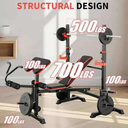 1500LB 8 IN 1 Olympic Weight Bench with Lat Pulldown and Leg Extension/Curl, Foldable Bench Press with Preacher Curl & Squat Rack, Workout Benches with Safety Bar Catches for Home Gym(US Stock) - color: red dark