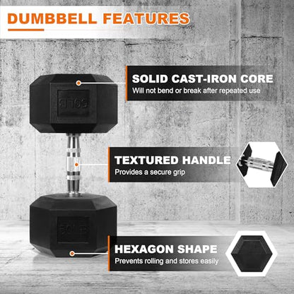 Fitvids Hex Dumbbells Rubber Coated Hand Weights for Exercises and Fitness, 10-50LB Option - size: 50LB Single