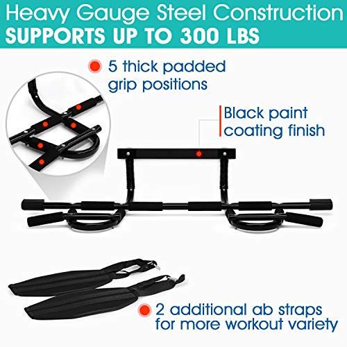 Yes4All Heavy Duty Wall Mounted Pull Up Bar, Over Door Pull Up Bar for Doorway, Multi Grip Chin Up Bar, Sturdy Strength Training Bars & Durable Gym Bar for Home Exercise - style: Combo Chin Up Bar + Ab Straps