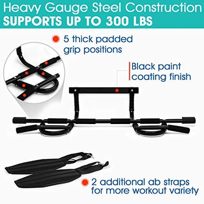 Yes4All Heavy Duty Wall Mounted Pull Up Bar, Over Door Pull Up Bar for Doorway, Multi Grip Chin Up Bar, Sturdy Strength Training Bars & Durable Gym Bar for Home Exercise - style: Combo Chin Up Bar + Ab Straps