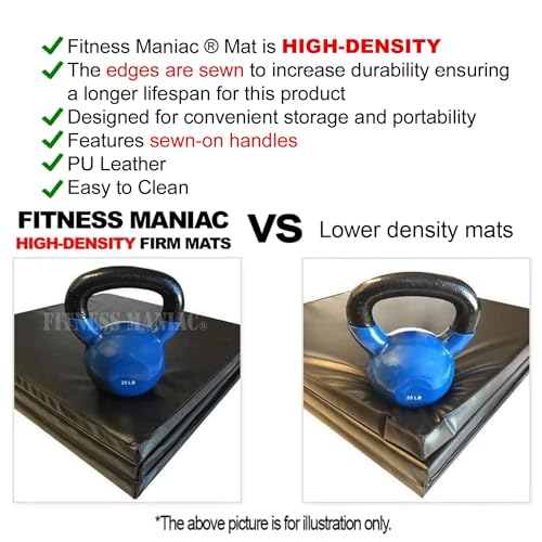 Fitness Maniac Tri-Fold Folding Exercise Mat - Thick and High-Density Firm Mat with Carrying Handles for MMA, Gymnastics, Stretching, Core Workouts - Black Gym Mat for Home Fitness