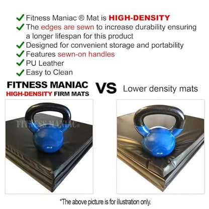 Fitness Maniac Tri-Fold Folding Exercise Mat - Thick and High-Density Firm Mat with Carrying Handles for MMA, Gymnastics, Stretching, Core Workouts - Black Gym Mat for Home Fitness