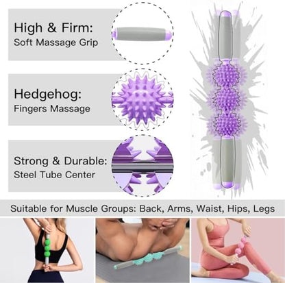 Fascia Muscle Roller, Cellulite Massager for Sore Muscles, Neck, Leg, Back, Pressure Trigger Point Body Deep Tissue Massage Stick Tools, 3 Massage Balls, Purple - color: Purple