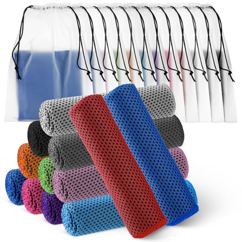 Hosuly 12 Pcs Cooling Towels for Face and Neck 12 x 40 Inch Workout Towels for Gym Fast Drying Hot Weather Sweat Rag Cold Cooling Cloth with 12 Bags Athletes Sport Yoga Golf(Mixing Colors) - color: Mixing Colors