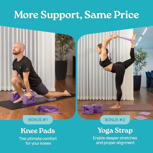 PRO Yoga Blocks | Ergonomic Yoga Block 2 Pack for Wrist Comfort and Support | EVA Foam Exercise Blocks, 2x Knee Pads & Yoga Strap | Pilates Block Set | Bricks to Eliminate Wrist Pain