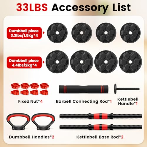 Adjustable Dumbbell Set, 20/33/45/70/90lbs Free Weight Set with Connector, 4 in1 Dumbbells Set Used as Barbell, Kettlebells, Push up Stand, Weight Set for Home Gym Suitable Men/Women - color: 33LB (16.5LB Pair)