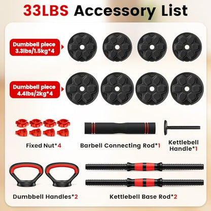 Adjustable Dumbbell Set, 20/33/45/70/90lbs Free Weight Set with Connector, 4 in1 Dumbbells Set Used as Barbell, Kettlebells, Push up Stand, Weight Set for Home Gym Suitable Men/Women - color: 33LB (16.5LB Pair)