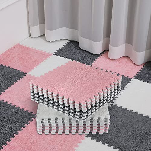36 Pack Plush Foam Floor Mat Square Interlocking Carpet Tiles with Border Fluffy Play Mat Floor Tiles Soft Climbing Rugs for Bedroom Playroom, 12 x 12 x 0.4 in(White, Pink, Gray) - color: White, Pink, Gray