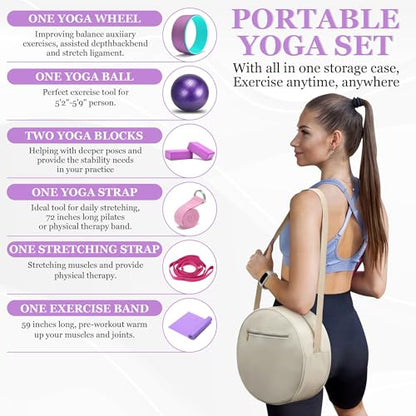 All in One Yoga Wheel Set, Soft Foam Roller Wheel for Back Pain & Stretching, Yoga Blocks 2 Pack with Strap, Trigger Point Therapy Massage Ball for Deep Tissue, Yoga Starter Kit for Beginner